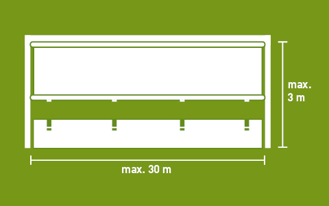 Lubratec Rollwand mit markierten maximalen Maßen - Effektiver Schutz oberhalb fester Bauteile bei hohen Windlasten