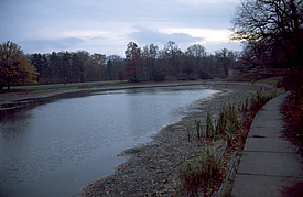 Blick auf einen Wasserkanal mit umliegender Vegetation und Gehweg