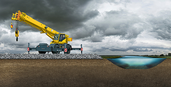 Kran auf temporärer Arbeitsplattform Kran auf einer temporären Arbeitsplattform aus Geweben und Kompositen zur Stabiliserung des weichen Untergrundes am angrenzenden Flussbett