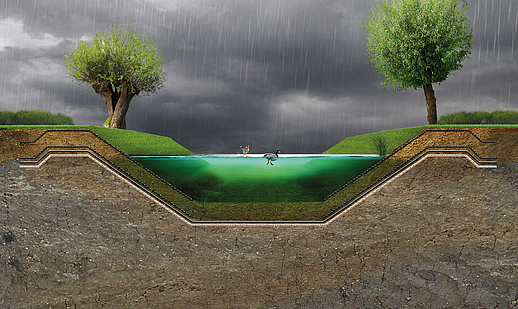 Regenrückhaltebecken: Zuverlässige Abdichtung mit geosynthetischen Tondichtungsbahnen
