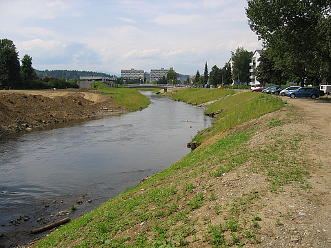 Fluss mit grüner Böschung entlang einer Stadt