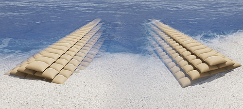 Buhnen und Wellenbrecher effizient umgesetzt mit SoilTain Bags für Erosionsschutz Zwei SoilTain Bags von Hüsker ragen vom Land ins Meer und dienen als innovative Wellenbrecher und Buhnen